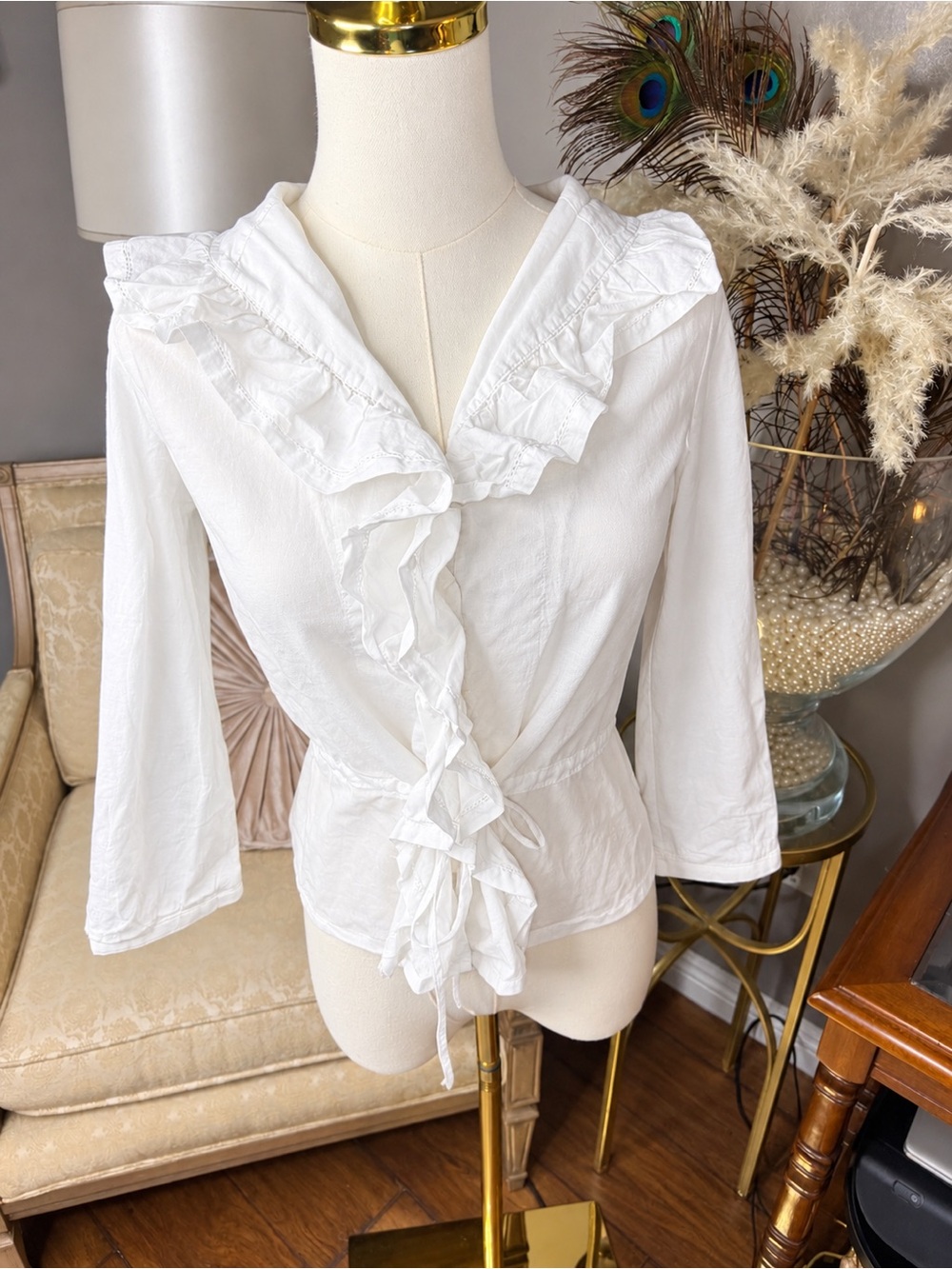 Lauren Ralph Lauren Petite White Ruffle Blouse 100% cotton - Picture 2 of 6
